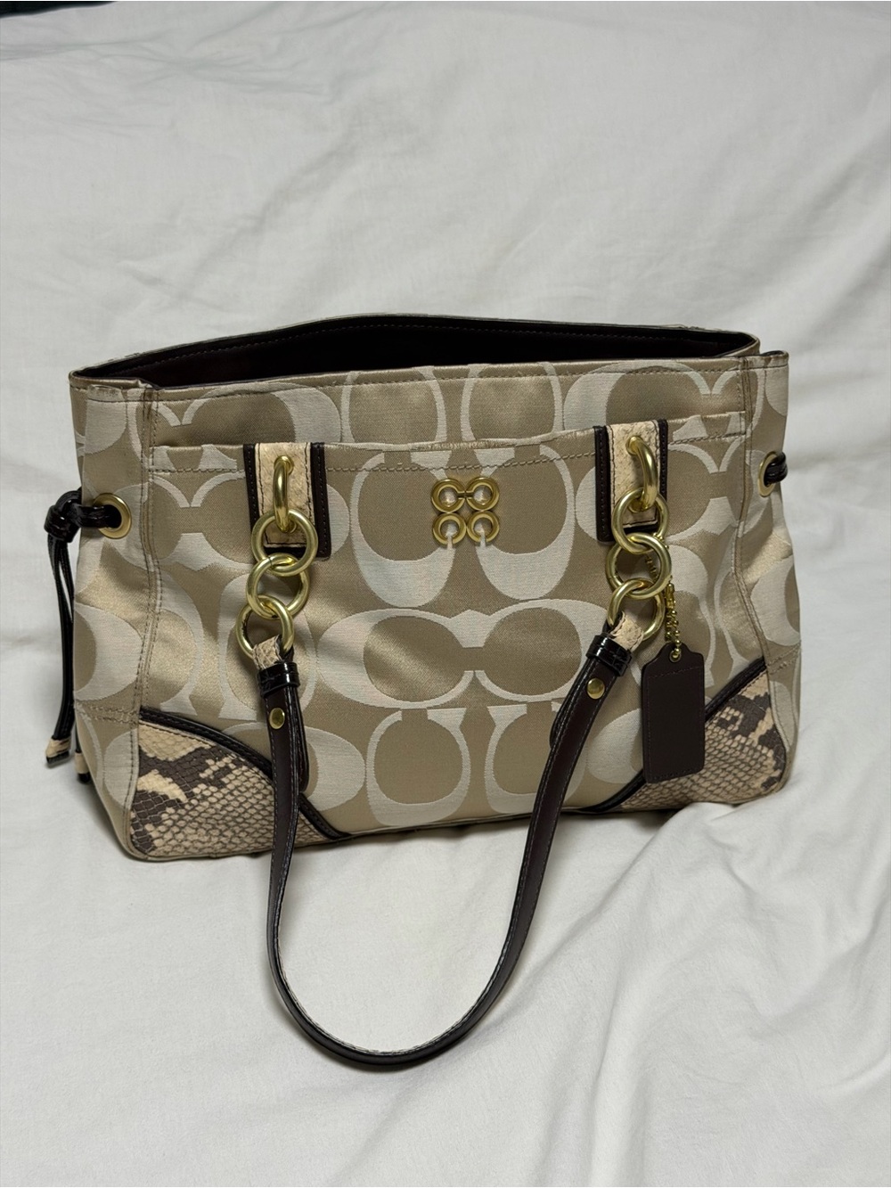 Coach Beige Signature Shoulder Bag with Brown Trim and Gold Hardware
